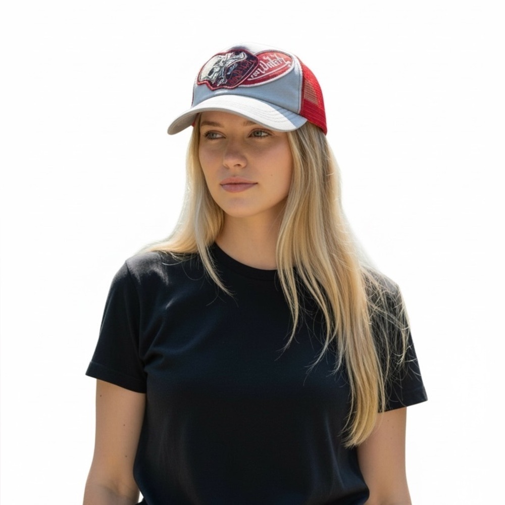 Von Dutch Trucker Hat • Grey & Red Mesh • Skull Patch • Kustom Made Originals